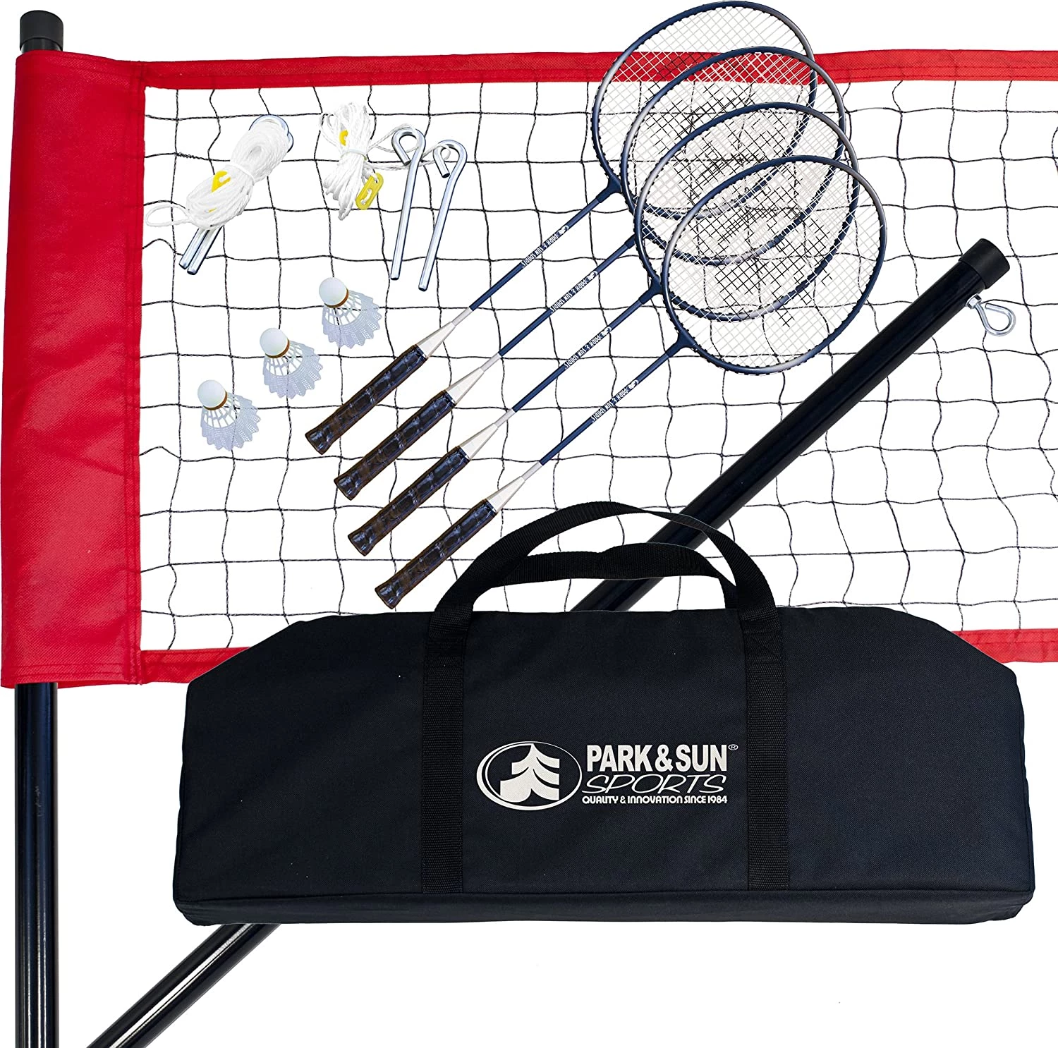 Park & Sun Sports Badminton Sport Set W/ 1" 3Pc Steel Poles 4 Rackets & 3 Shuttlecocks 3 Park & Sun Sports Badminton Sport Set W/ 1" 3Pc Steel Poles 4 Rackets & 3 Shuttlecocks